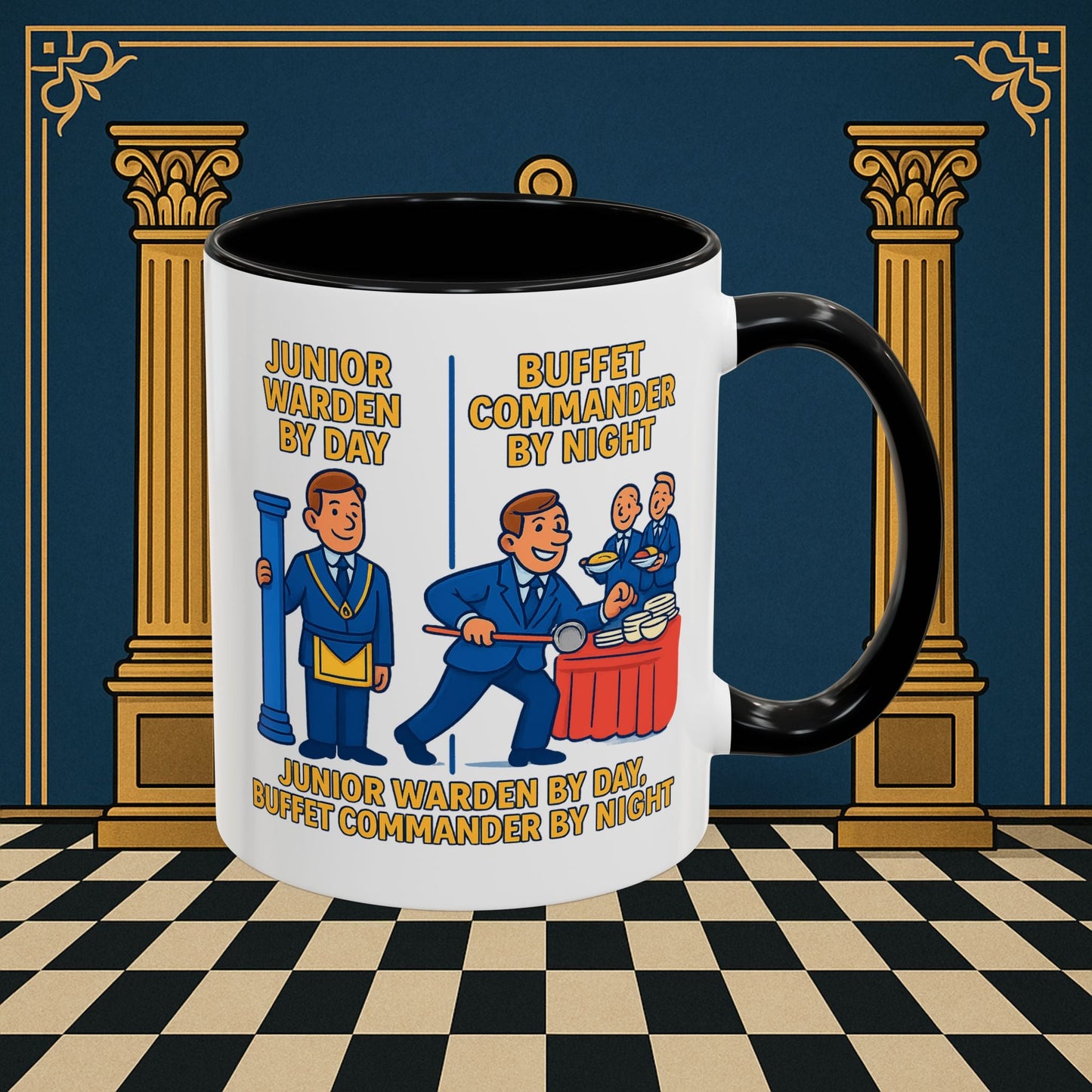 Masonic Mugs - Day/Night Professional: Dual Persona Comic Illustration, Junior Warden Printify