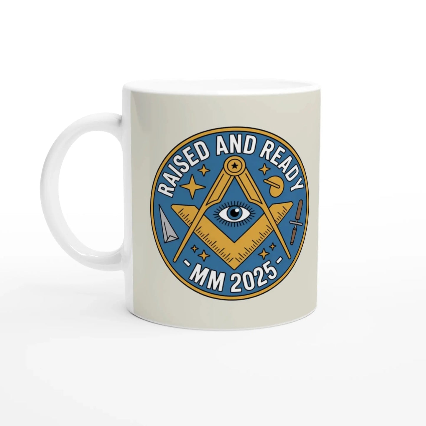 Personalised Master Mason Raised and Ready 2025 - 11oz Ceramic with Coloured Handle and Rim - Masonic Mugs