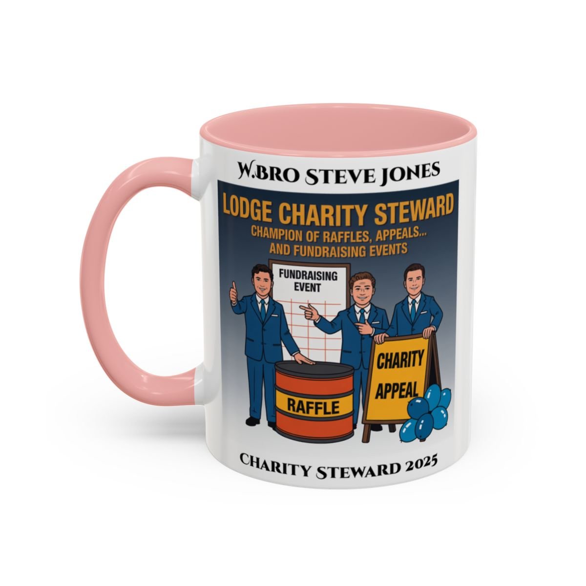 Premium Personalised Freemason Colour Rim Mug - Charity Steward Design - Champion of Raffles - Masonic Mugs