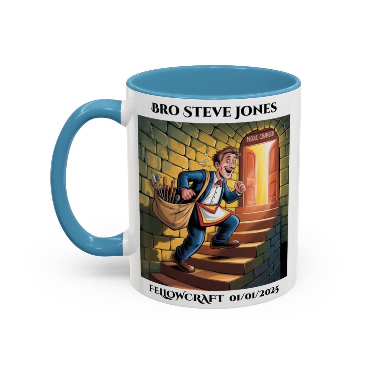 Premium Personalised Freemason Colour Rim Mug - Fellowcraft - Entering the next chamber - Masonic Mugs