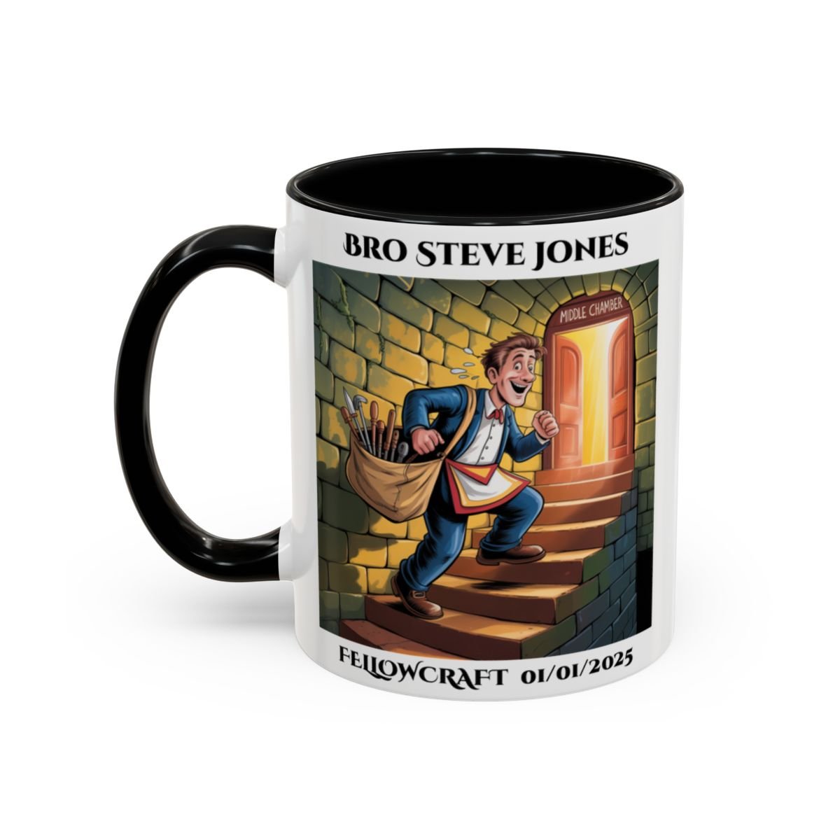 Premium Personalised Freemason Colour Rim Mug - Fellowcraft - Entering the next chamber - Masonic Mugs