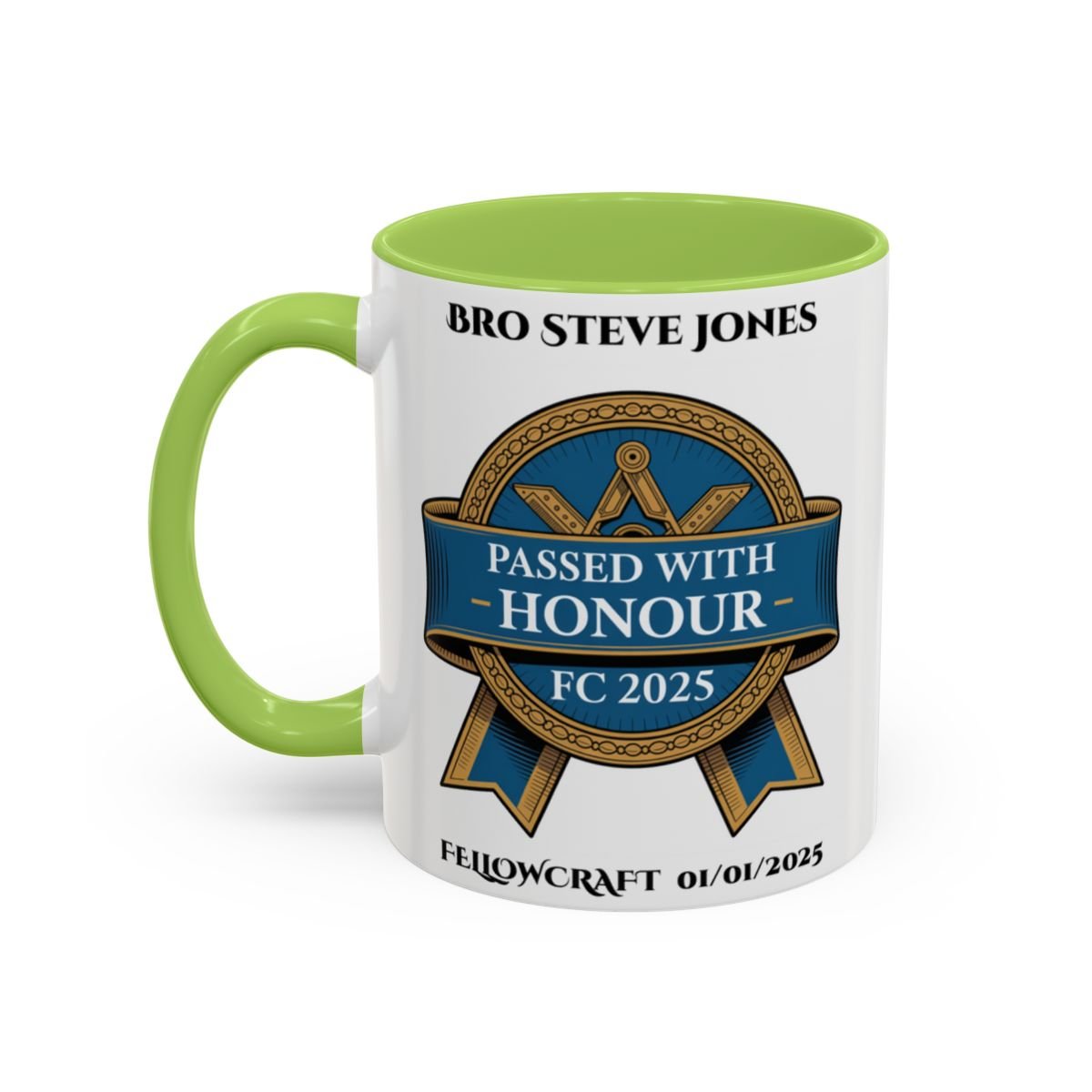 Premium Personalised Freemason Colour Rim Mug - Fellowcraft - Passed with Honour - Masonic Mugs
