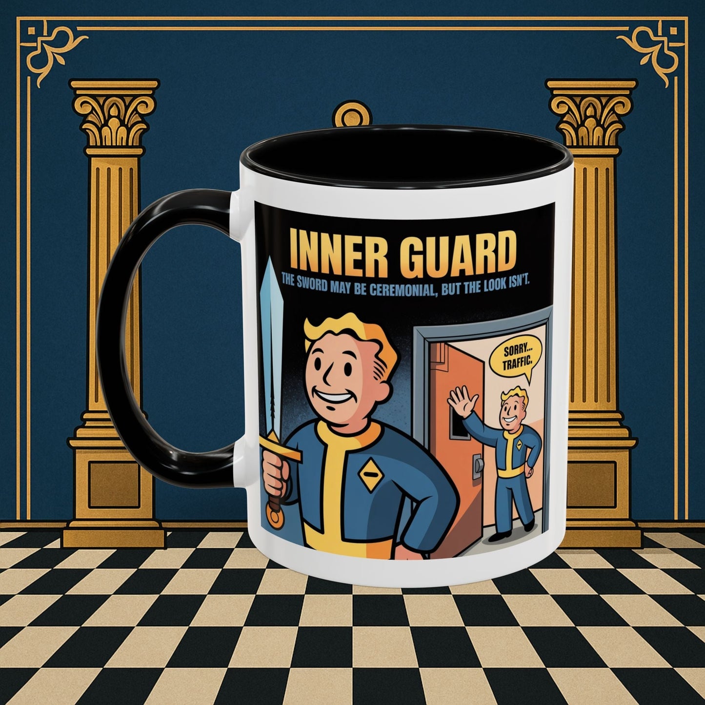 Premium Ready to Go Freemason Design | Accent Coloured 11oz Mug | Inner Guard's Warning | Inner Guard - Masonic Mugs