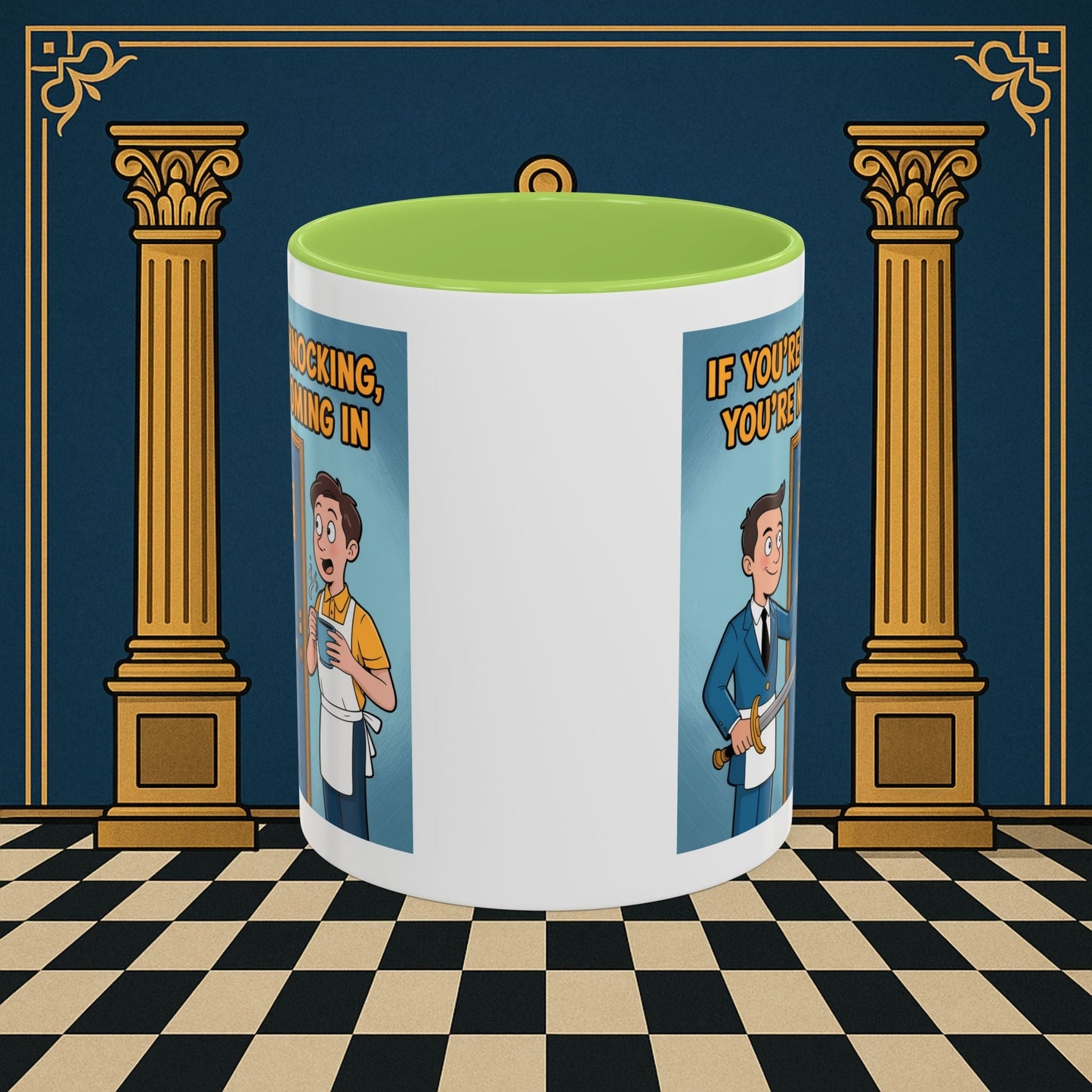 Premium Ready to Go Freemason Design | Accent Coloured 11oz Mug | Knock or Else | Inner Guard - Masonic Mugs