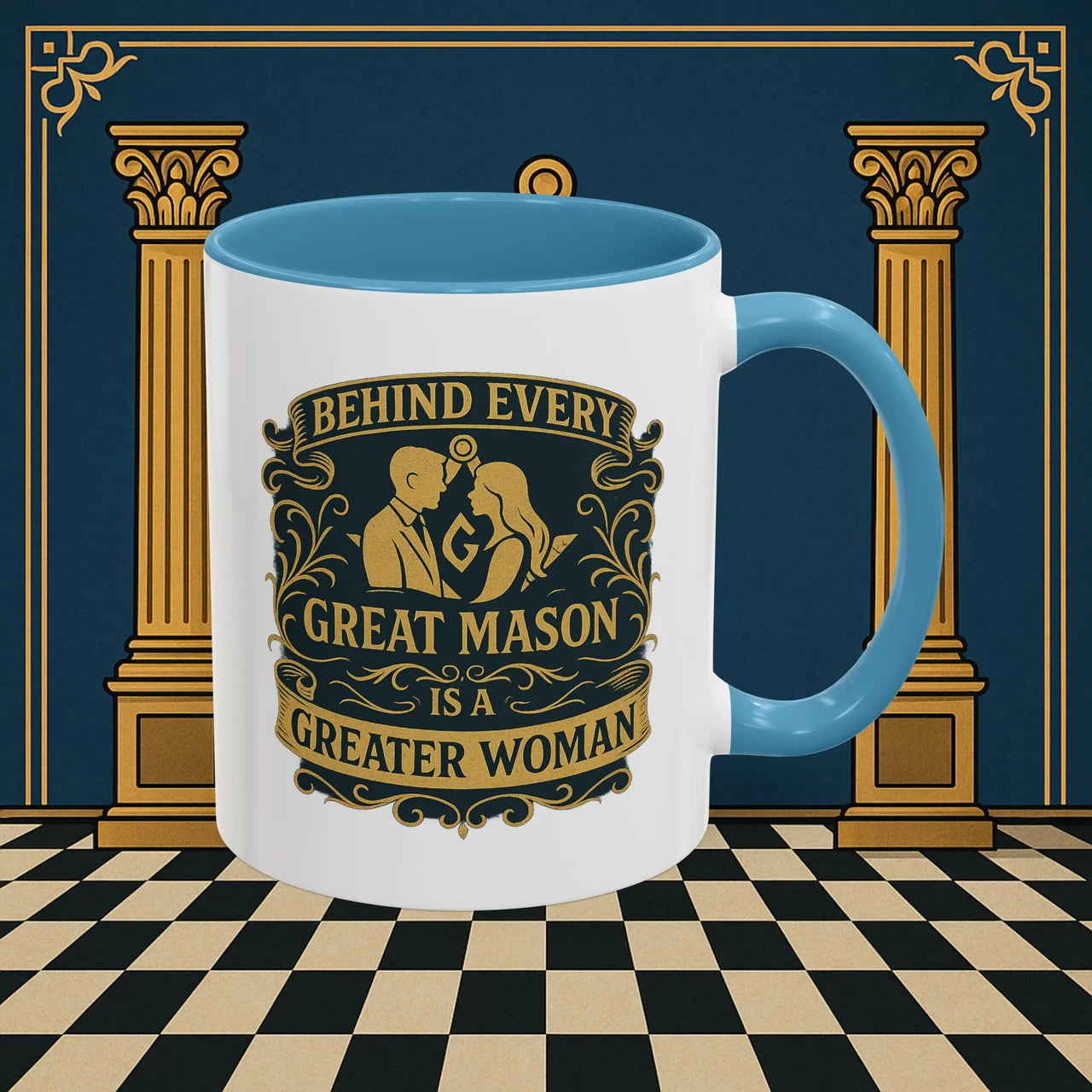 Masonic Mugs – Behind Every Great Mason (Accent Coloured 11oz Mug) Printify