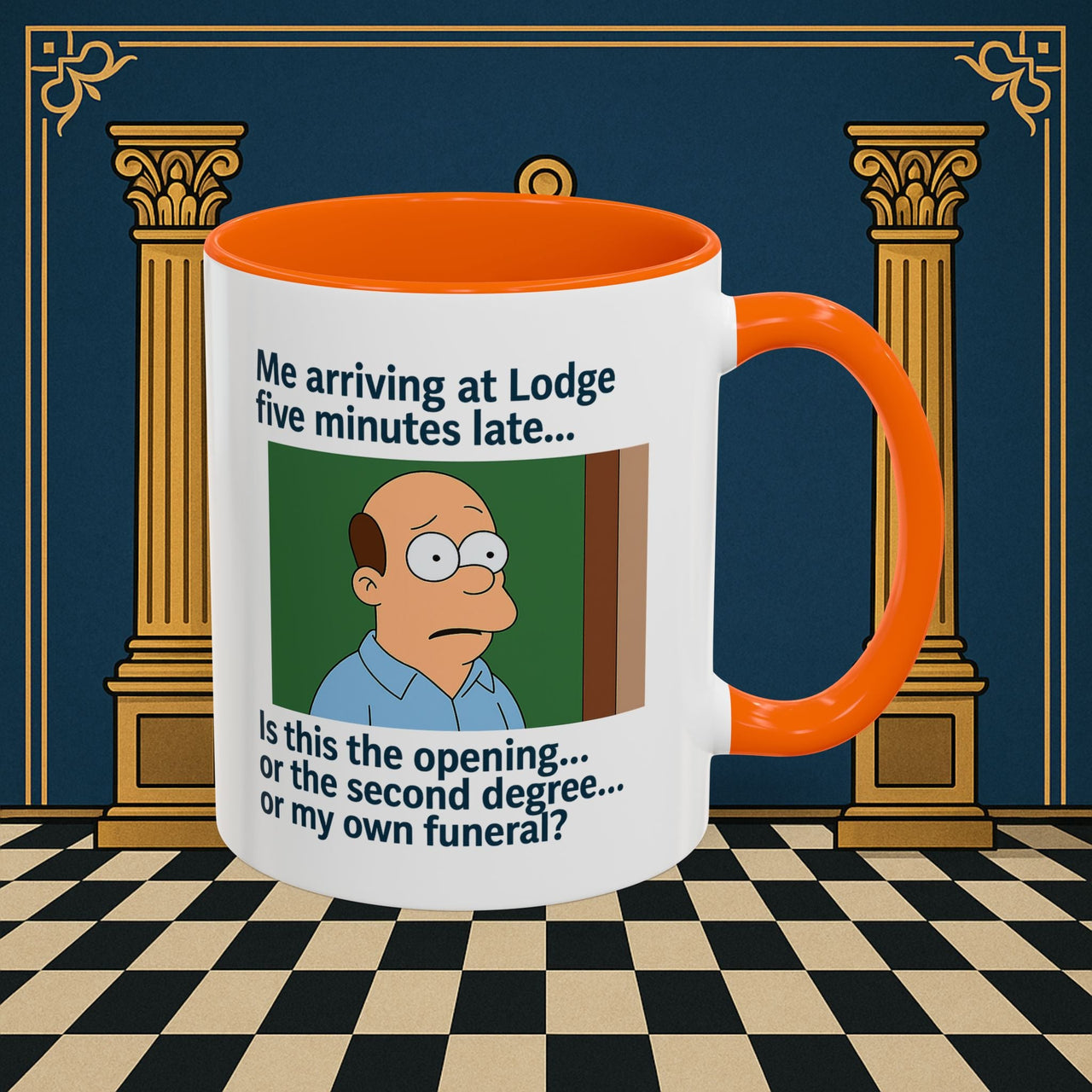 Masonic Mugs Ready to Go – Five Minutes Late (Accent Coloured 11oz Mug) Printify