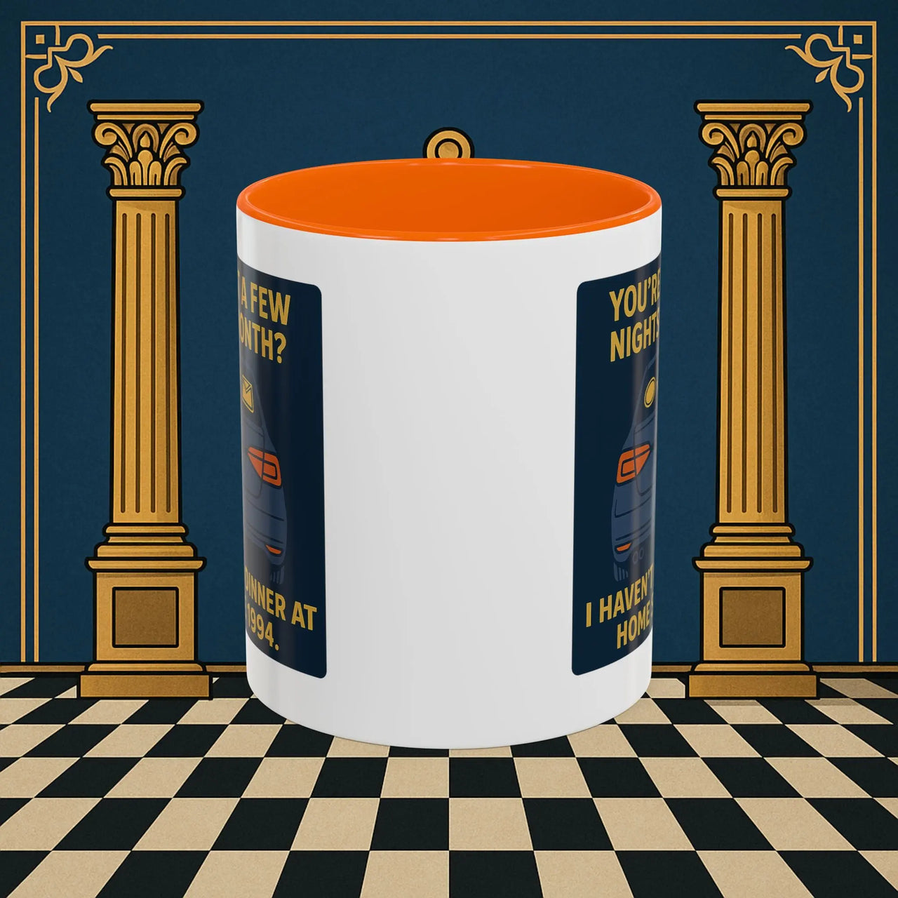Masonic Mugs Ready to Go – Dinner at Home? Never Heard of It (Accent Coloured 11oz Mug) Printify