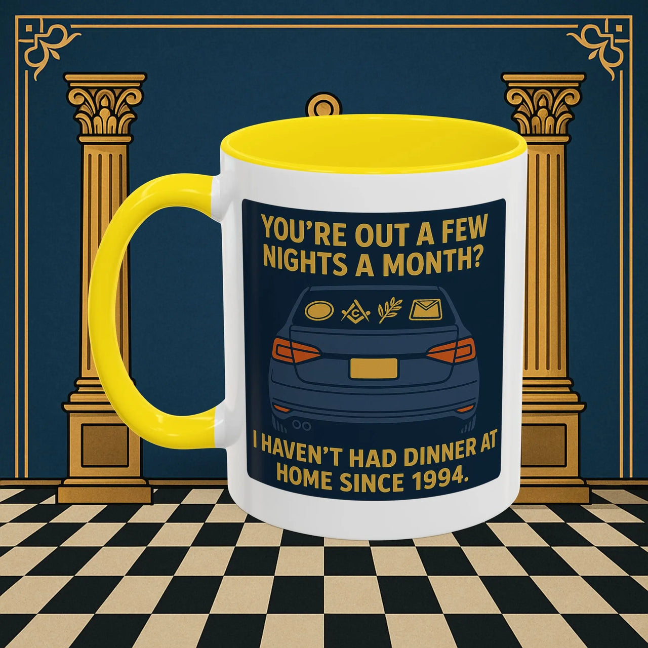Masonic Mugs Ready to Go – Dinner at Home? Never Heard of It (Accent Coloured 11oz Mug) Printify