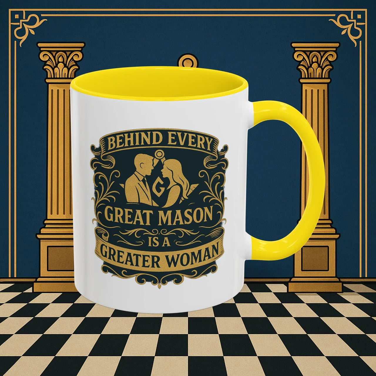 Masonic Mugs – Behind Every Great Mason (Accent Coloured 11oz Mug) Printify