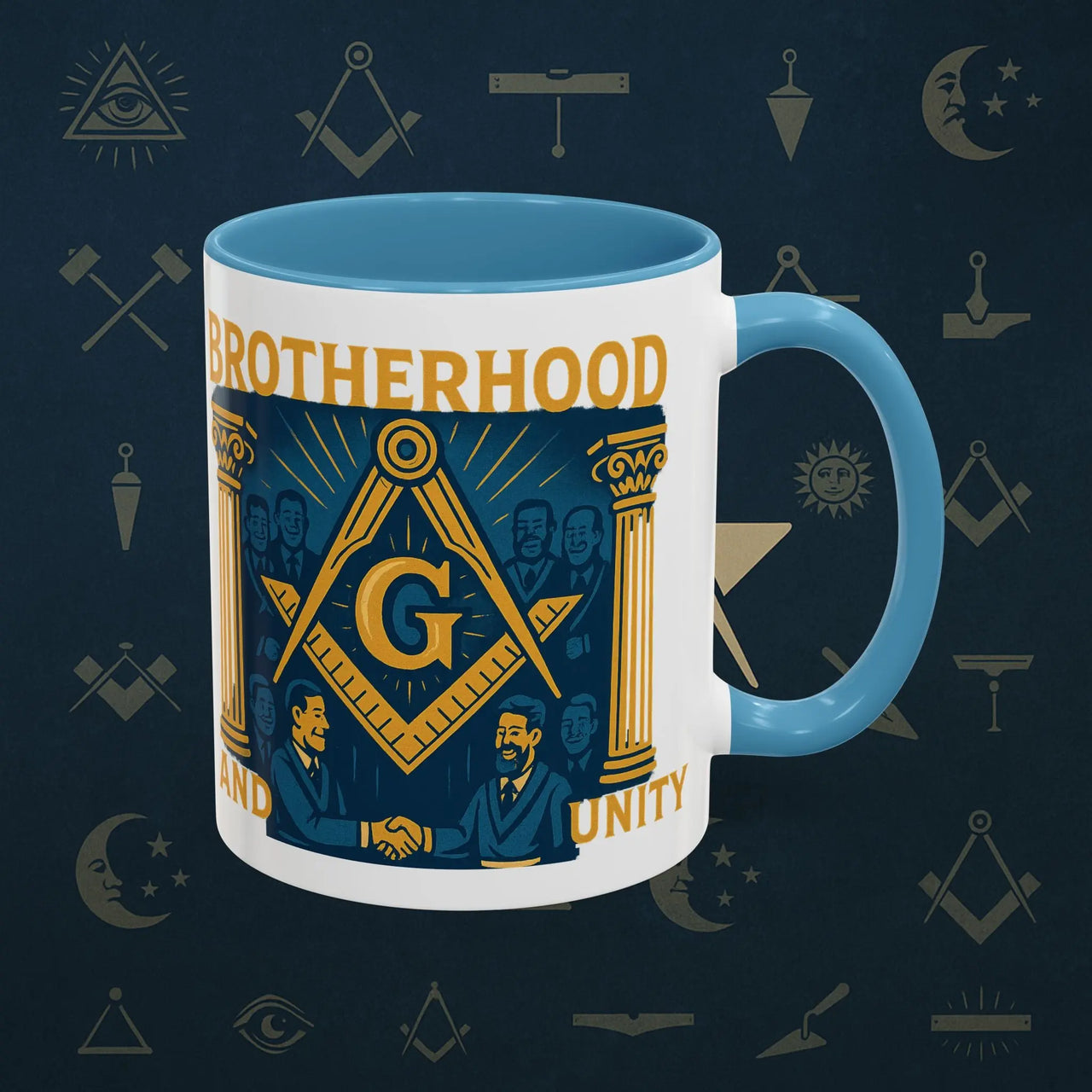 Masonic Mugs Ready to Go – Brotherhood and Unity (Accent Coloured 11oz Mug) Printify