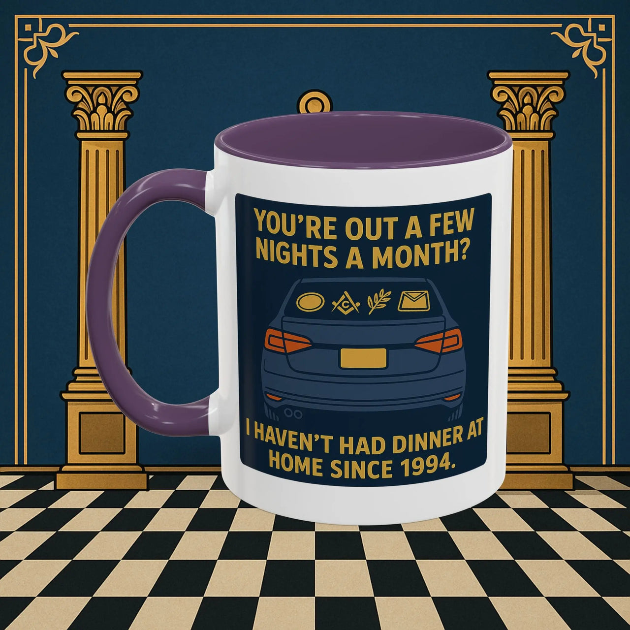 Masonic Mugs Ready to Go – Dinner at Home? Never Heard of It (Accent Coloured 11oz Mug) Printify