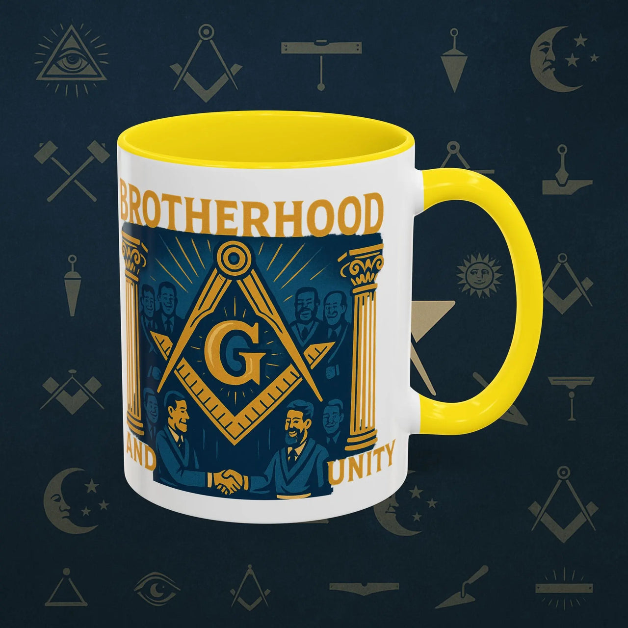 Masonic Mugs Ready to Go – Brotherhood and Unity (Accent Coloured 11oz Mug) Printify