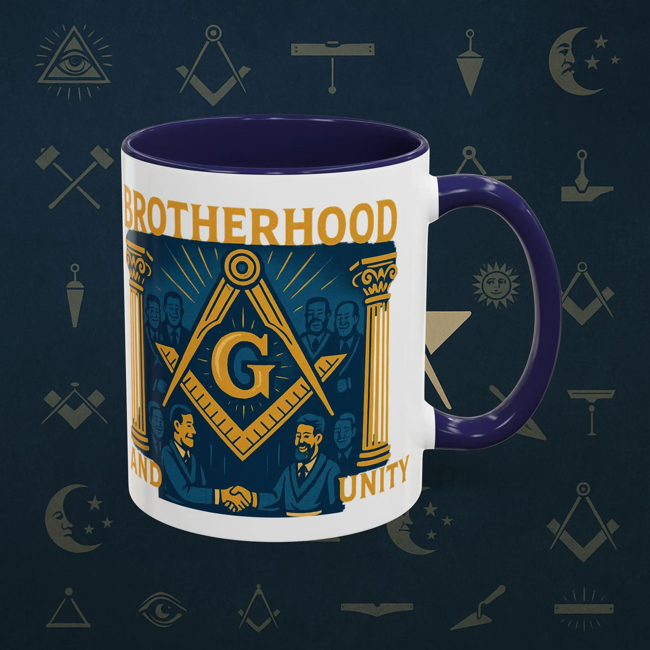 Masonic Mugs Ready to Go – Brotherhood and Unity (Accent Coloured 11oz Mug) Printify