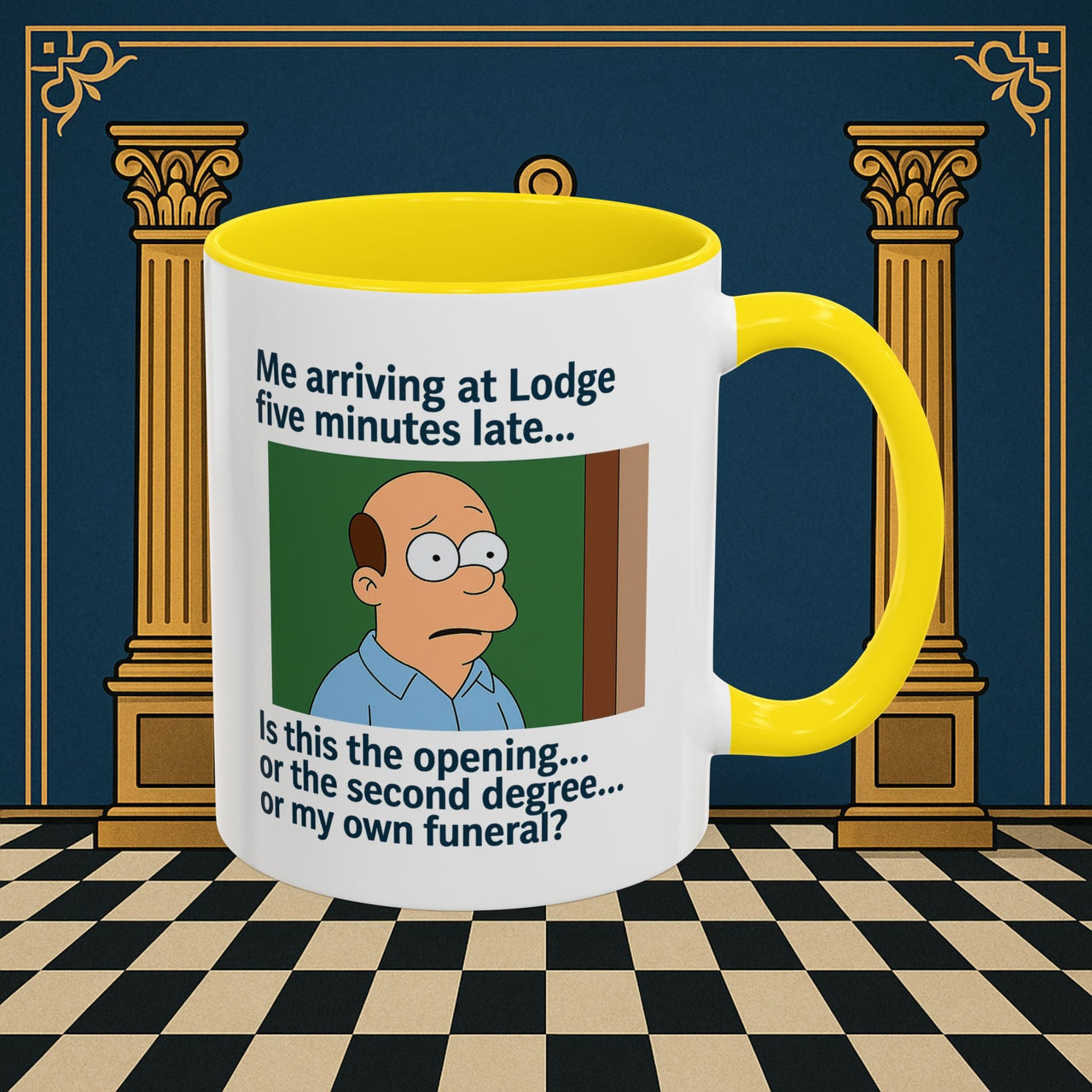 Masonic Mugs Ready to Go – Five Minutes Late (Accent Coloured 11oz Mug) Printify