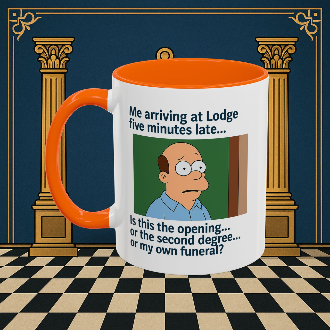 Masonic Mugs Ready to Go – Five Minutes Late (Accent Coloured 11oz Mug) Printify