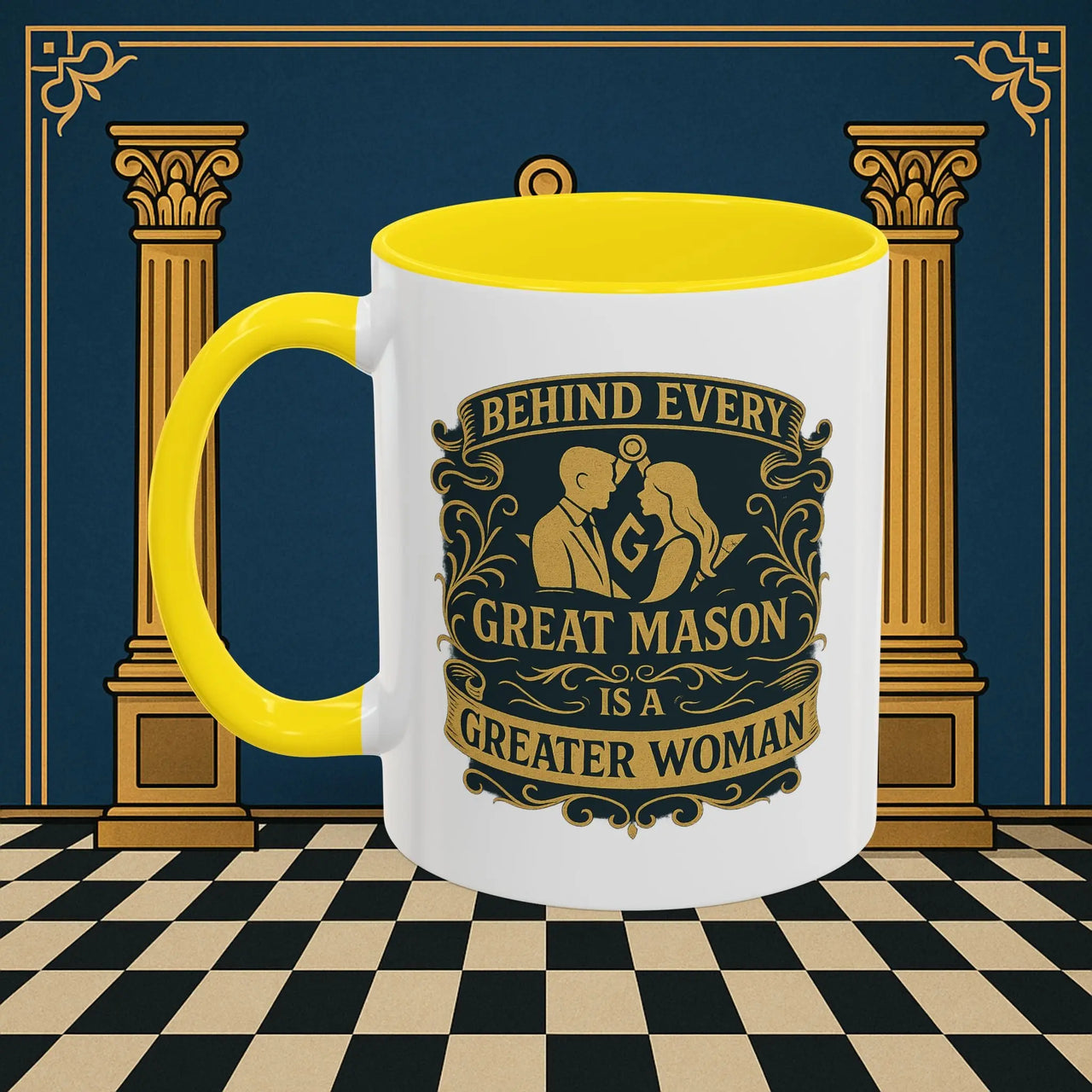 Masonic Mugs – Behind Every Great Mason (Accent Coloured 11oz Mug) Printify