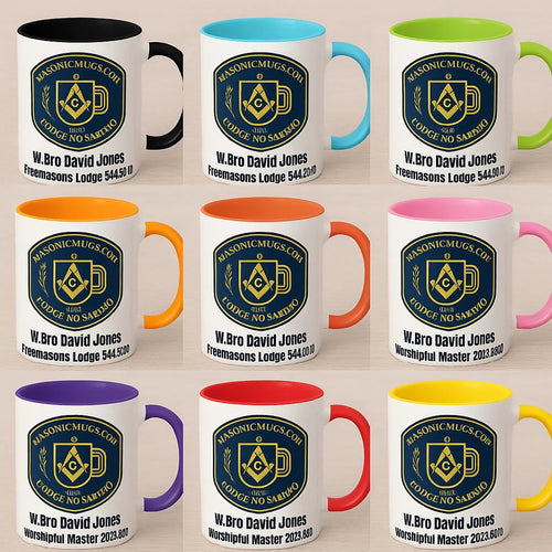 Masonic Mugs Personalised Harmony Lodge Mug 11oz - with coloured handle and inside - Masonic Mugs