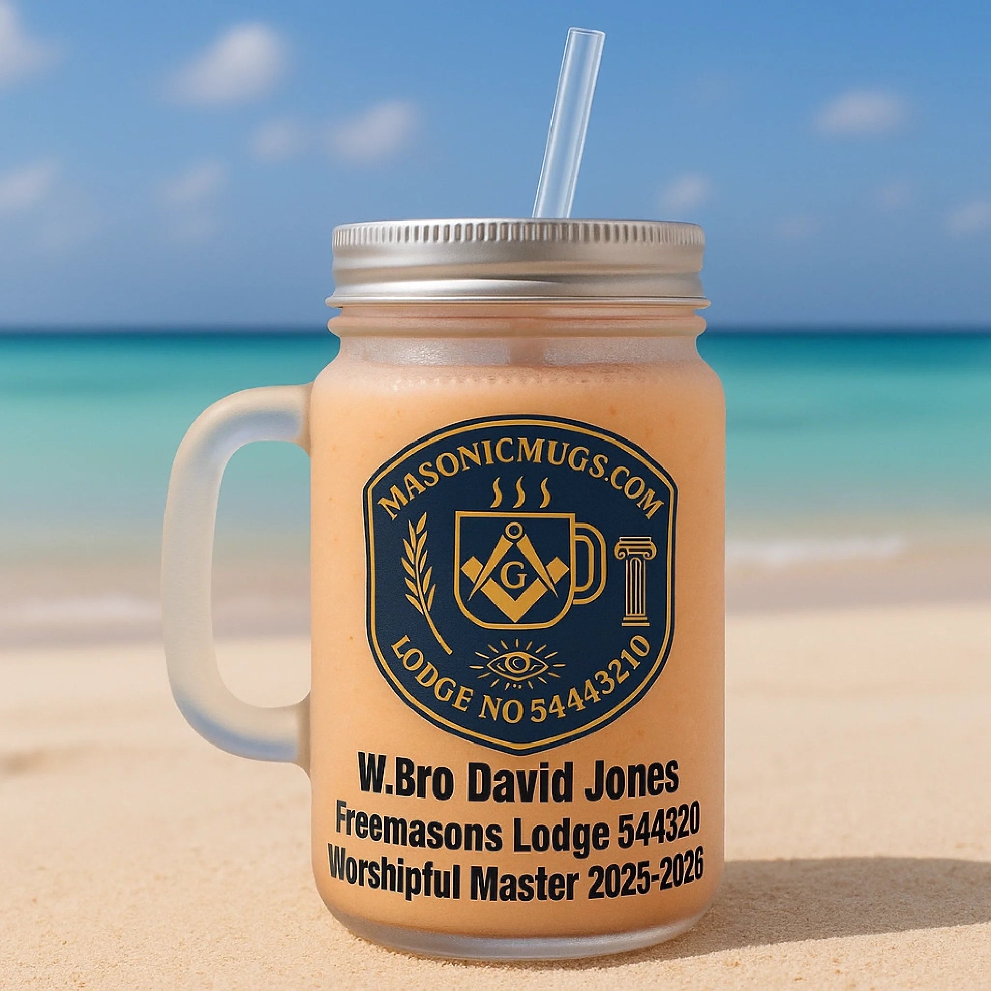 Masonic Mugs Personalised Mason Jar – 12oz Frosted Glass with Lid & Straw - Masonic Mugs