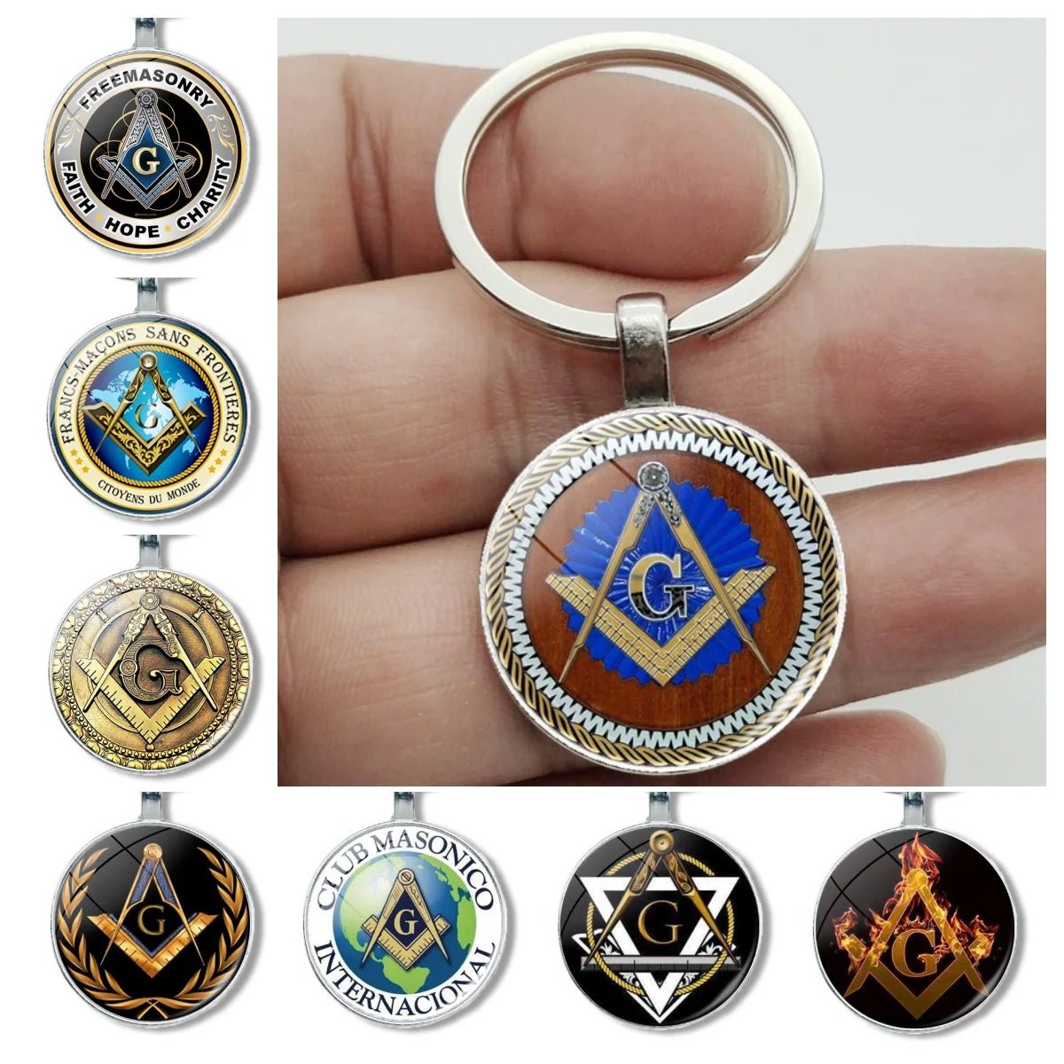 Mysterious Freemason Emblem Keychain – Dome Glass Pendant with Silver - Plated Alloy - Masonic Mugs