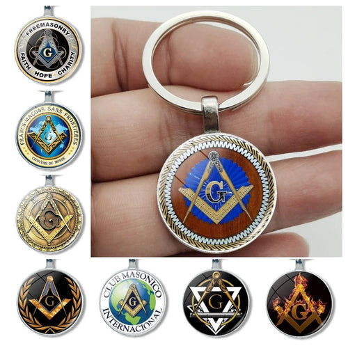 Mysterious Freemason Emblem Keychain – Dome Glass Pendant with Silver - Plated Alloy - Masonic Mugs