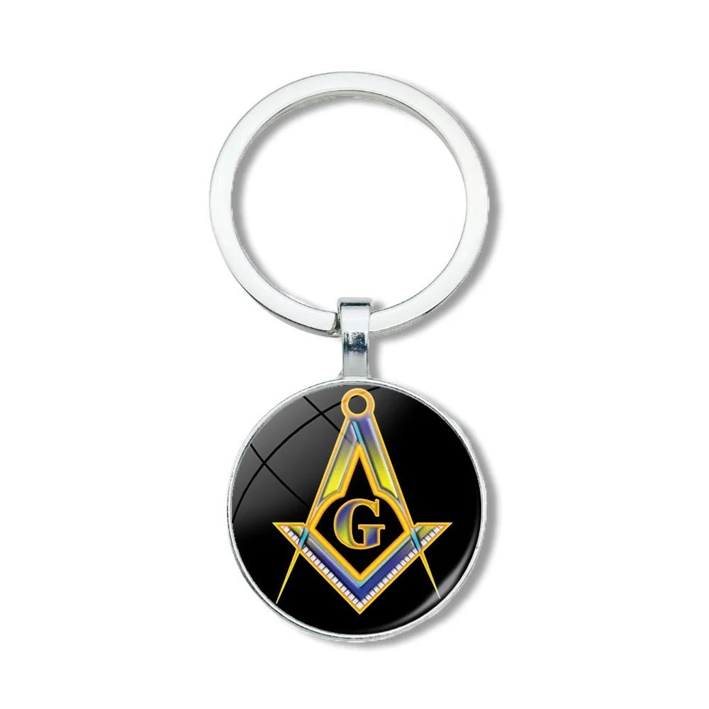 Mysterious Freemason Emblem Keychain – Dome Glass Pendant with Silver - Plated Alloy - Masonic Mugs