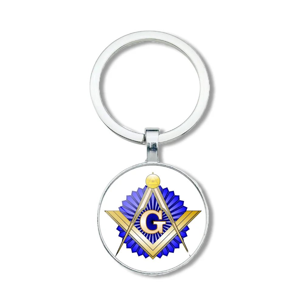 Mysterious Freemason Emblem Keychain – Dome Glass Pendant with Silver - Plated Alloy - Masonic Mugs