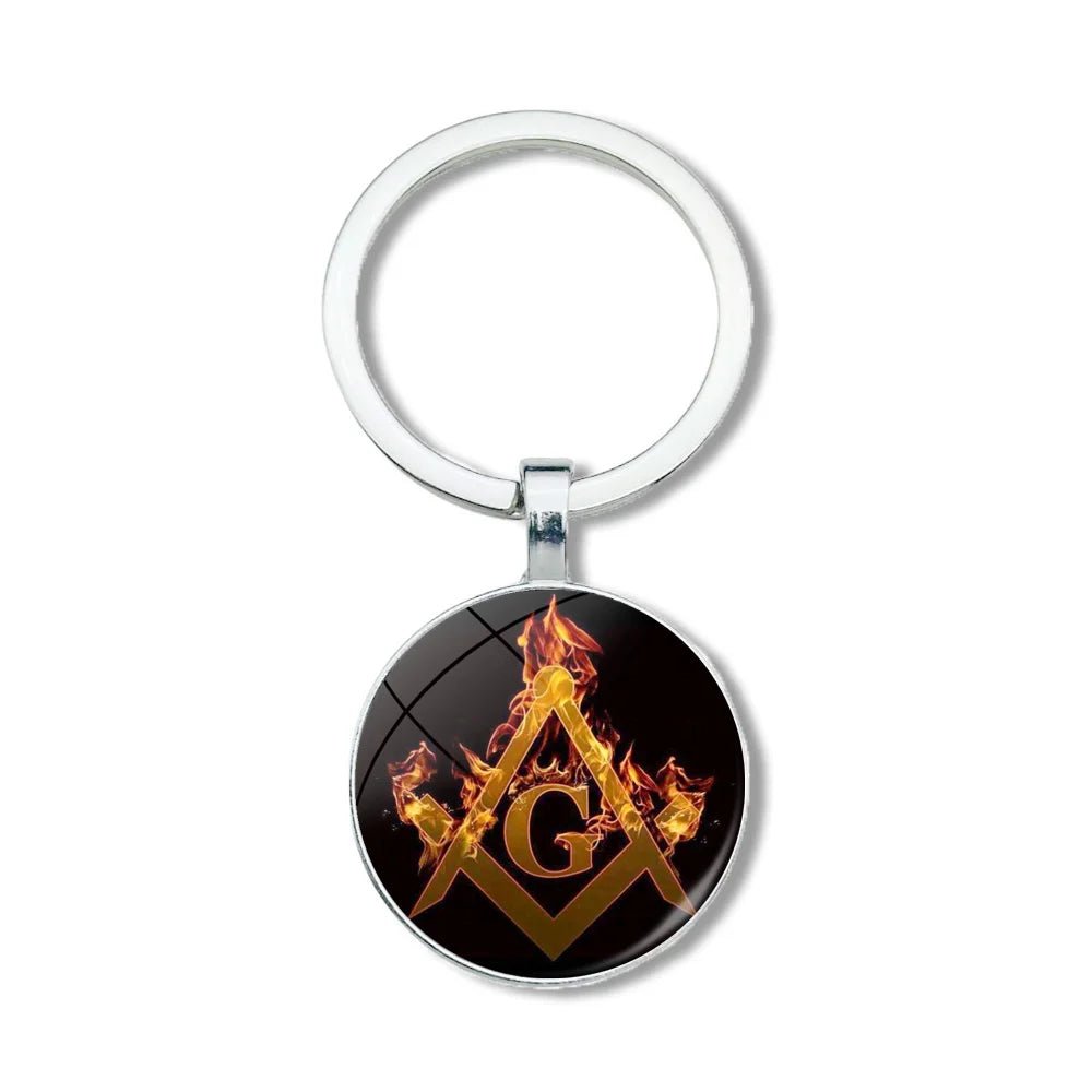 Mysterious Freemason Emblem Keychain – Dome Glass Pendant with Silver - Plated Alloy - Masonic Mugs