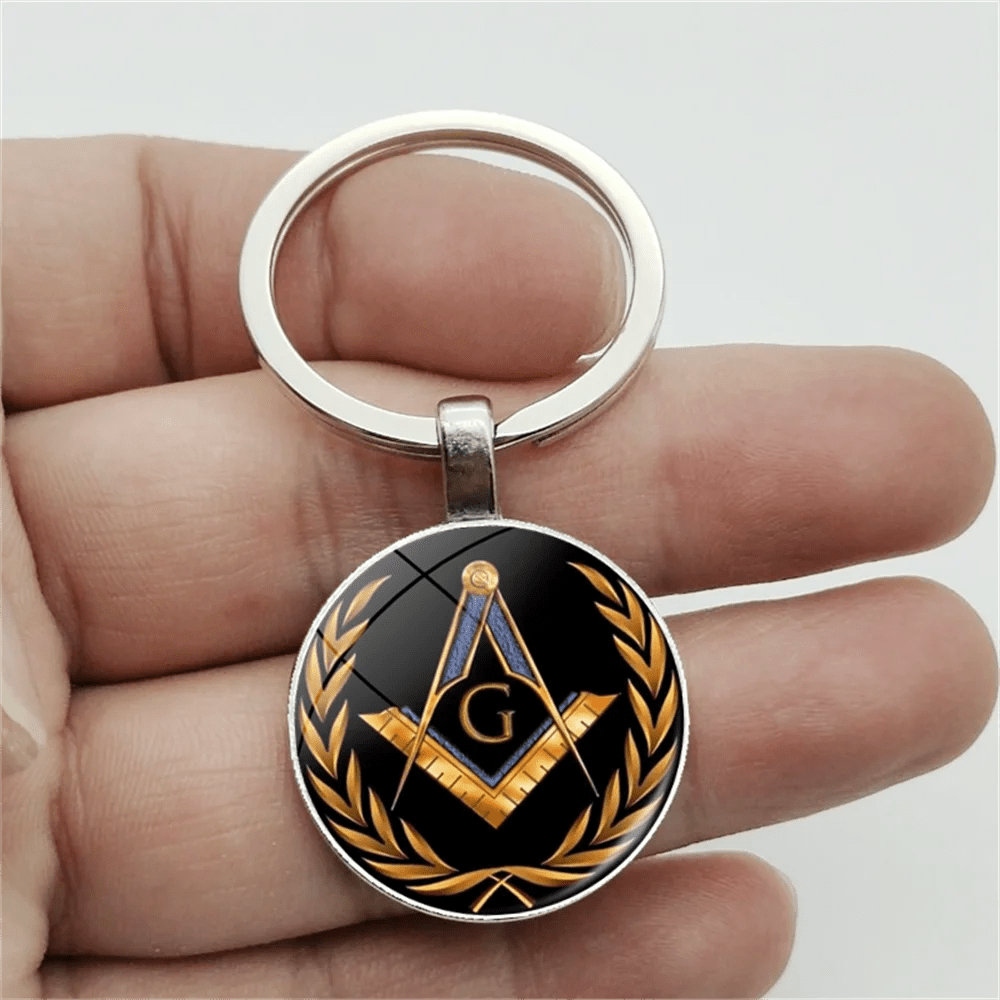 Mysterious Freemason Emblem Keychain – Dome Glass Pendant with Silver - Plated Alloy - Masonic Mugs