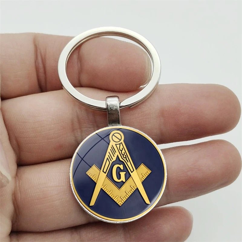 Mysterious Freemason Emblem Keychain – Dome Glass Pendant with Silver - Plated Alloy - Masonic Mugs