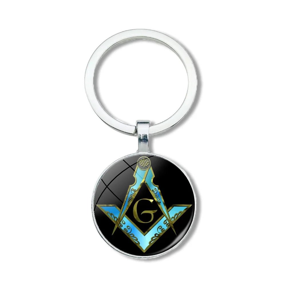 Mysterious Freemason Emblem Keychain – Dome Glass Pendant with Silver - Plated Alloy - Masonic Mugs