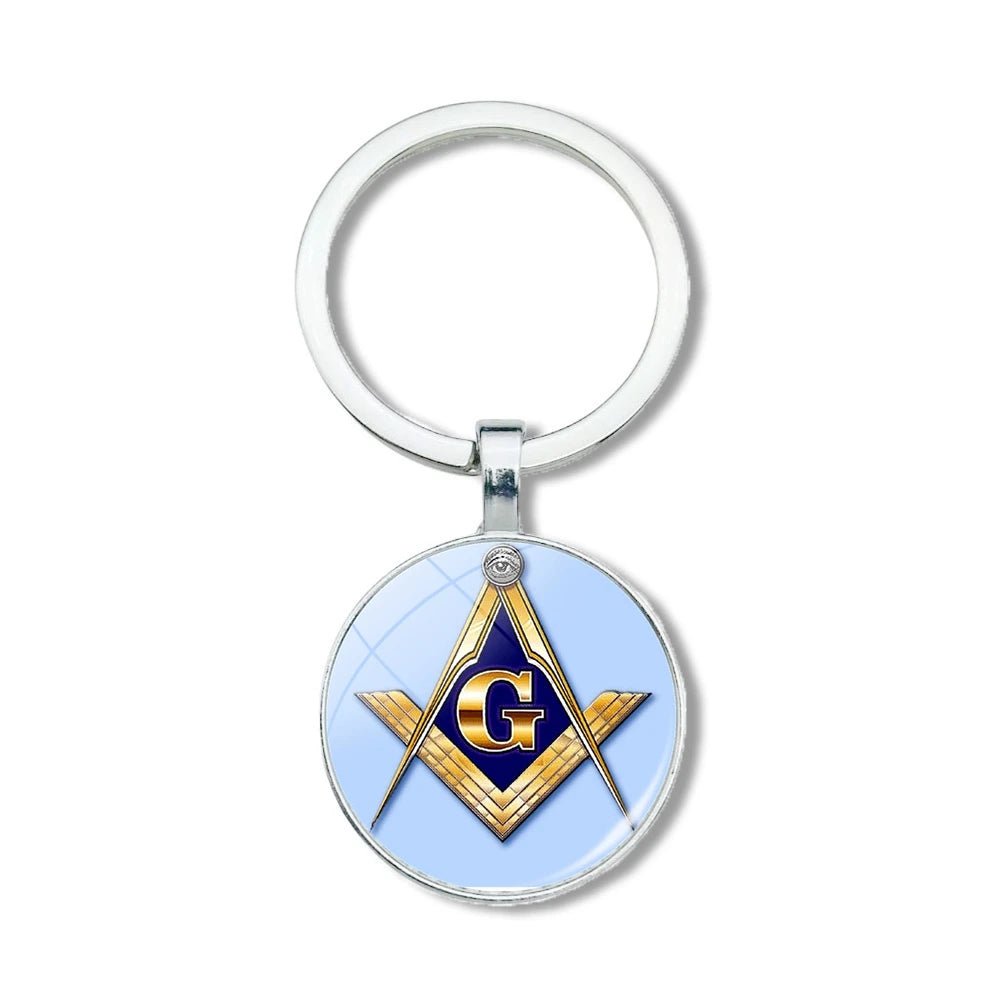 Mysterious Freemason Emblem Keychain – Dome Glass Pendant with Silver - Plated Alloy - Masonic Mugs