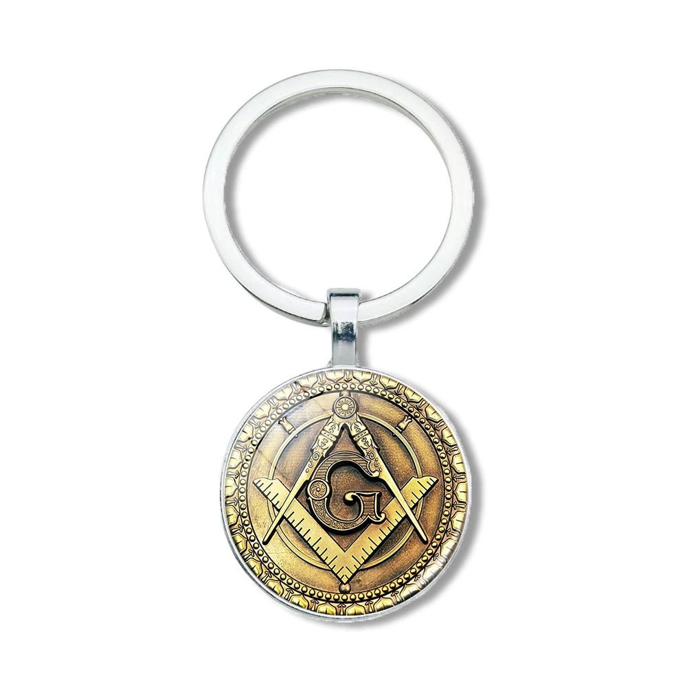 Mysterious Freemason Emblem Keychain – Dome Glass Pendant with Silver - Plated Alloy - Masonic Mugs