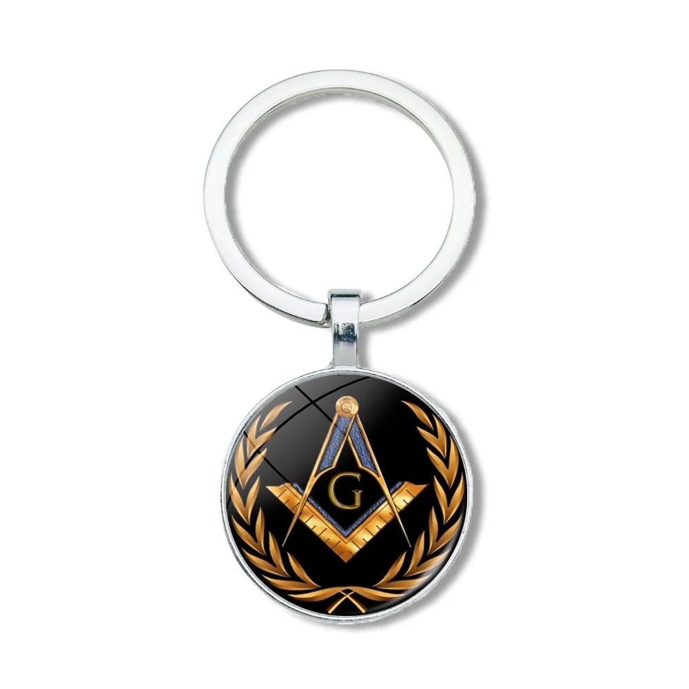 Mysterious Freemason Emblem Keychain – Dome Glass Pendant with Silver - Plated Alloy - Masonic Mugs