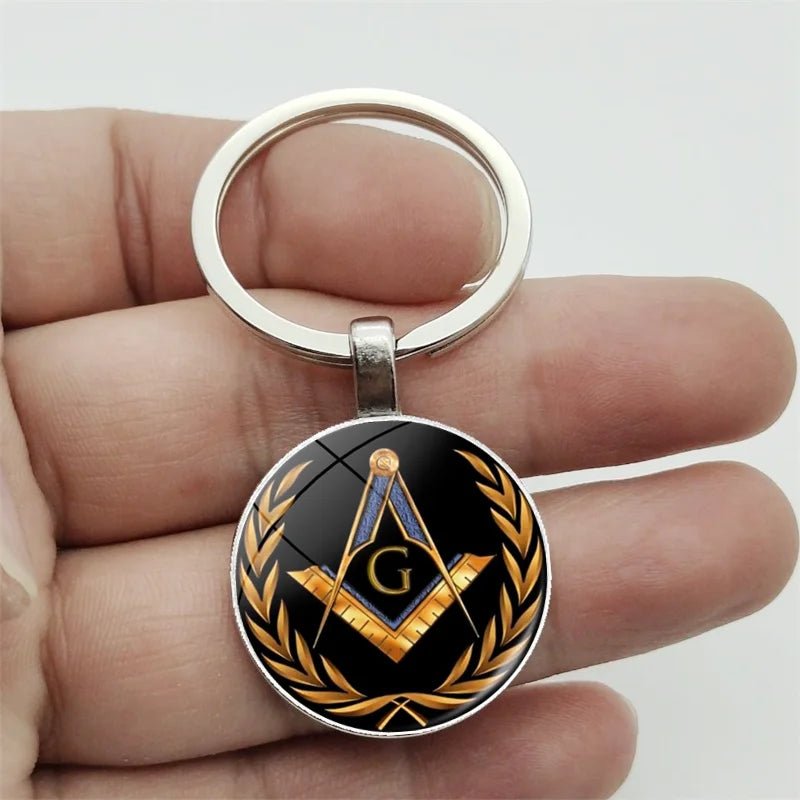 Mysterious Freemason Emblem Keychain – Dome Glass Pendant with Silver - Plated Alloy - Masonic Mugs