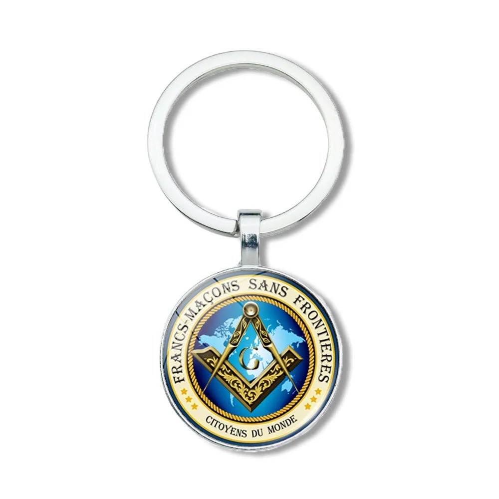 Mysterious Freemason Emblem Keychain – Dome Glass Pendant with Silver - Plated Alloy - Masonic Mugs