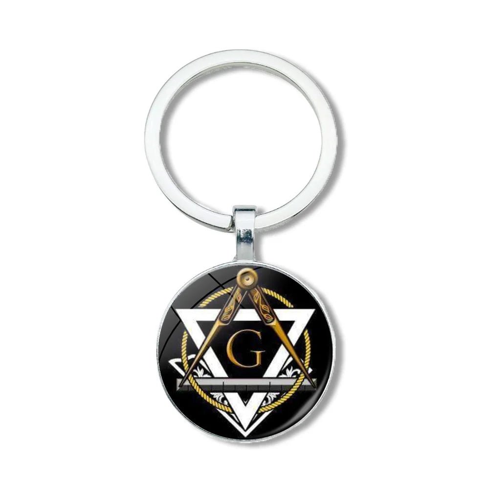 Mysterious Freemason Emblem Keychain – Dome Glass Pendant with Silver - Plated Alloy - Masonic Mugs