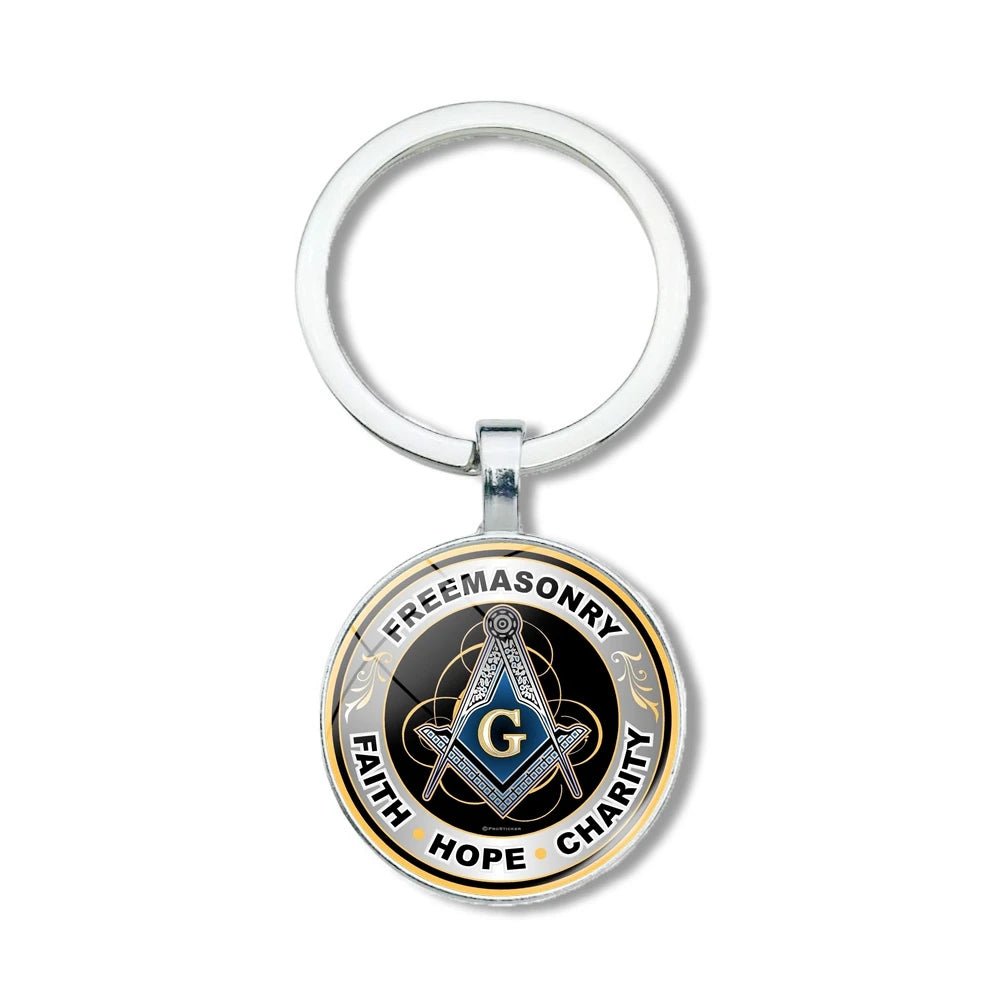 Mysterious Freemason Emblem Keychain – Dome Glass Pendant with Silver - Plated Alloy - Masonic Mugs