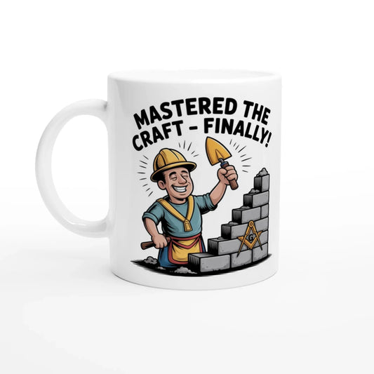 Personalised Master Mason Mastered the Craft Finally - 11oz Ceramic with Coloured Handle and Rim - Masonic Mugs