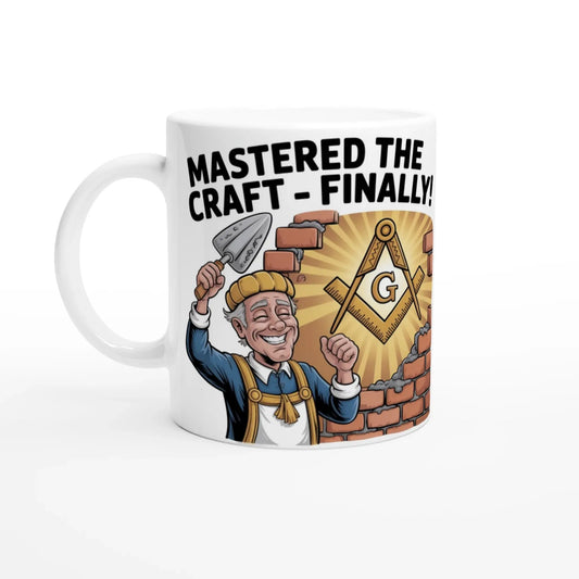 Personalised Master Mason Mastered the Craft Finally - 11oz Ceramic with Coloured Handle and Rim - Masonic Mugs