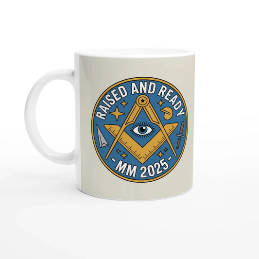 Personalised Master Mason Raised and Ready 2025 - 11oz Ceramic with Coloured Handle and Rim - Masonic Mugs