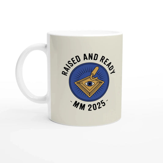 Personalised Master Mason Raised and Ready 2025 - 11oz Ceramic with Coloured Handle and Rim - Masonic Mugs