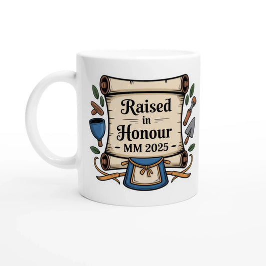 Personalised Master Mason Raised in Honour 2025 - 11oz Ceramic with Coloured Handle and Rim - Masonic Mugs