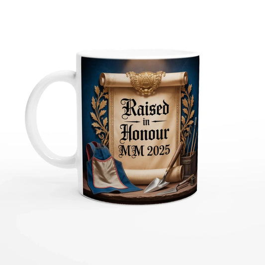 Personalised Master Mason Rasied in Honour 2025 - 11oz Ceramic with Coloured Handle and Rim - Masonic Mugs