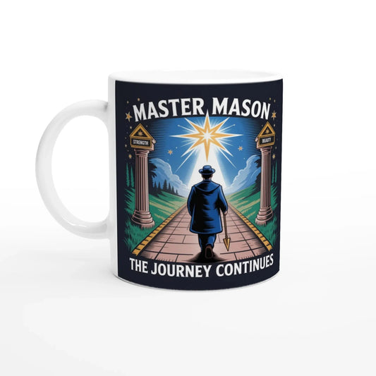 Personalised Master Mason The Journey Continues - 11oz Ceramic with Coloured Handle and Rim - Masonic Mugs