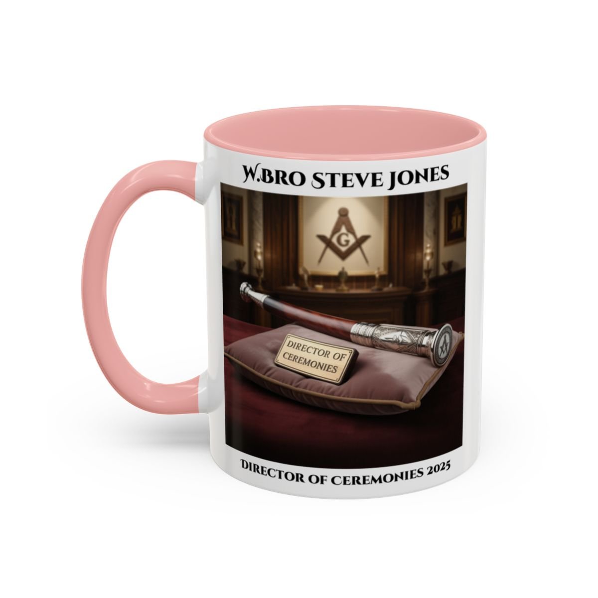 Premium Personalised Freemason Colour Rim Mug - Director of Ceremonies Design - Baton or Wand - Masonic Mugs