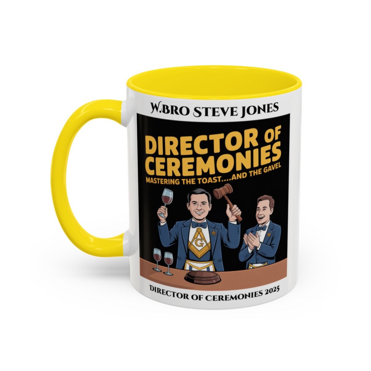 Premium Personalised Freemason Colour Rim Mug - Director of Ceremonies Design - Mastering the Toast and the Gavel - Masonic Mugs