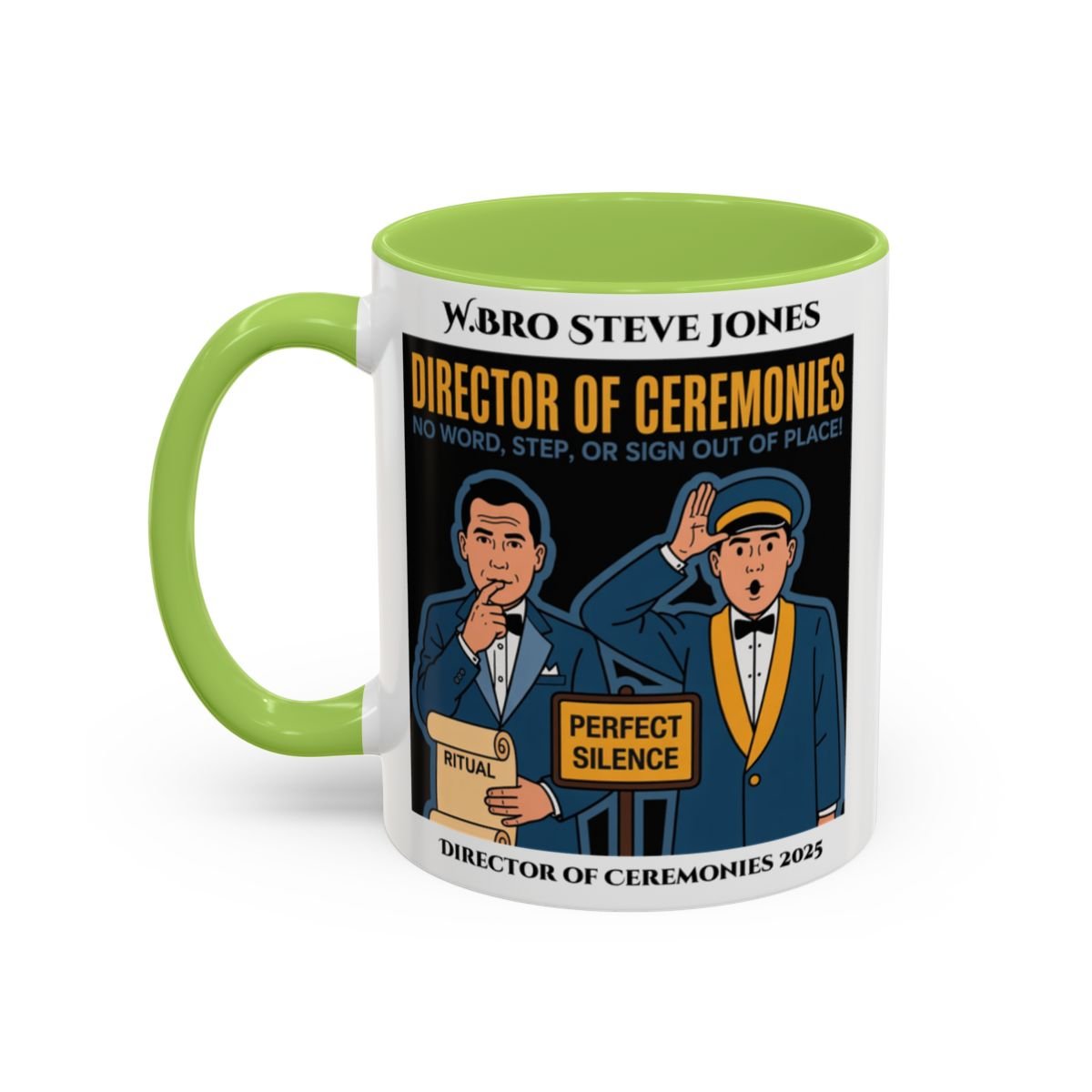 Premium Personalised Freemason Colour Rim Mug - Director of Ceremonies Design - No word step or sign out of place - Masonic Mugs