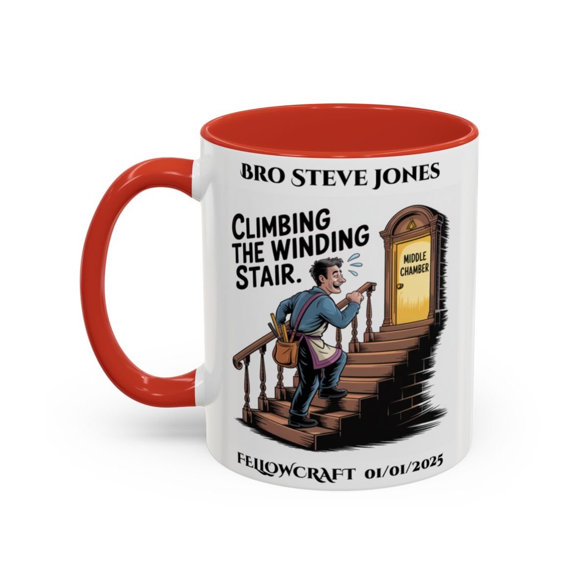 Premium Personalised Freemason Colour Rim Mug - Fellowcraft - Climbing the winding stair - Masonic Mugs