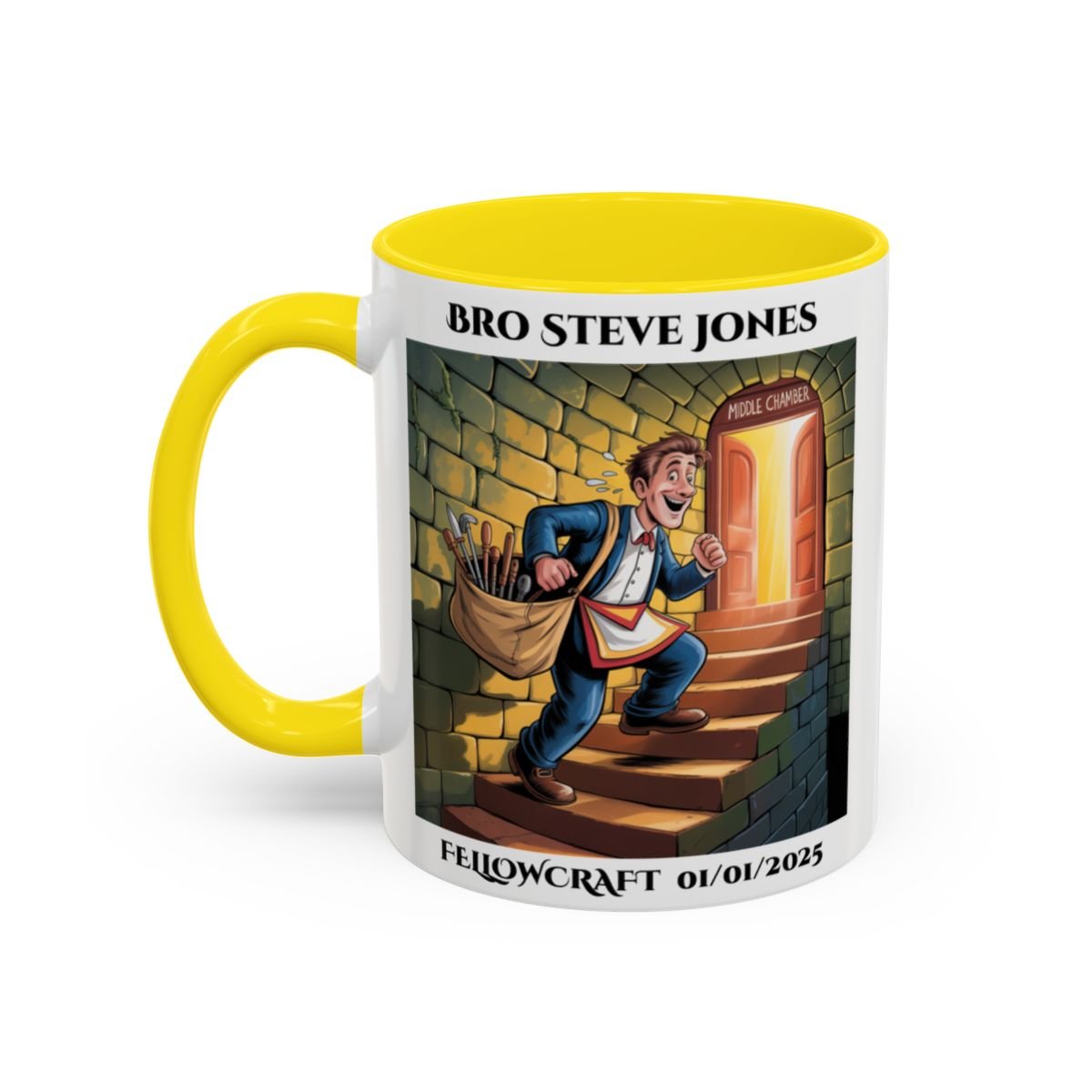 Premium Personalised Freemason Colour Rim Mug - Fellowcraft - Entering the next chamber - Masonic Mugs