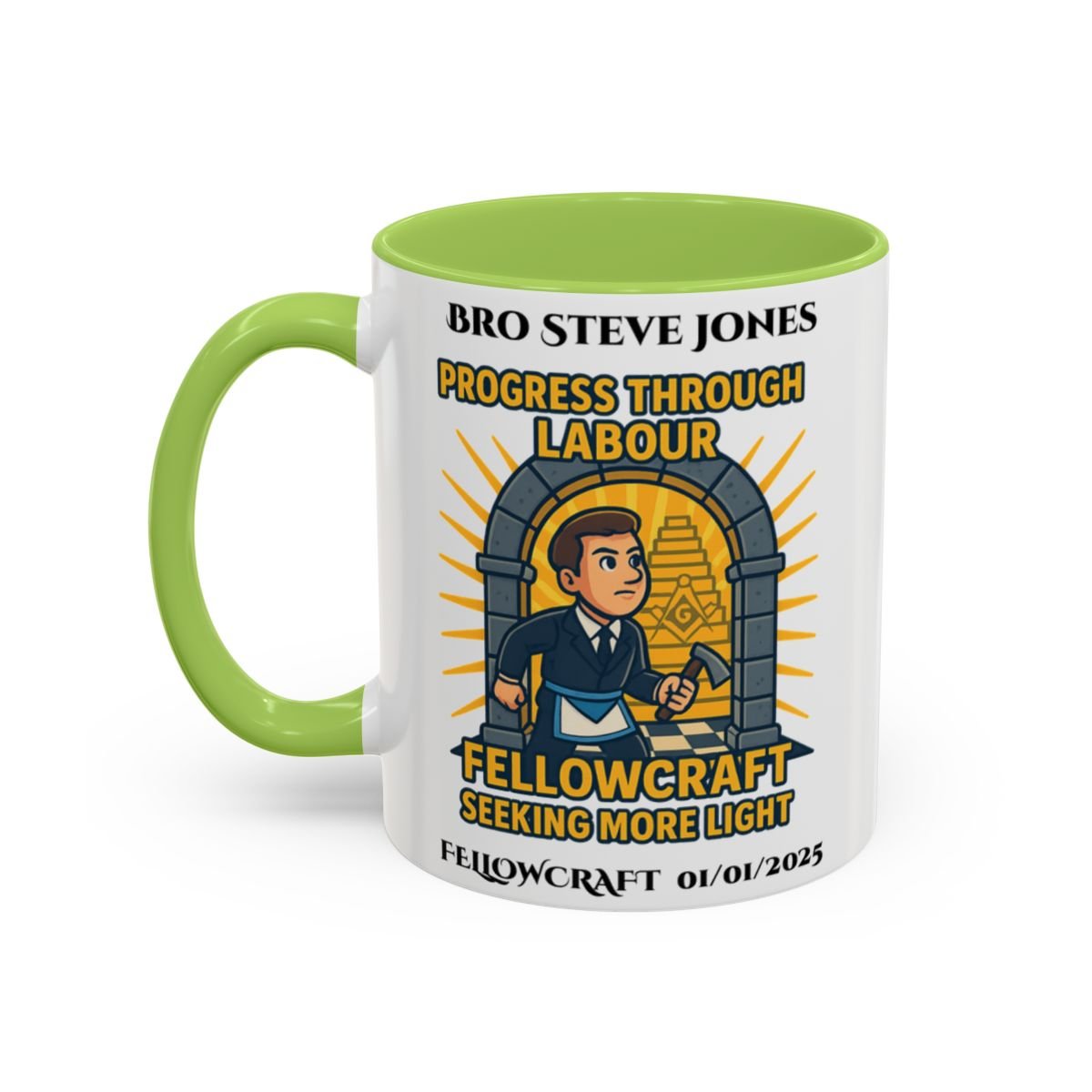Premium Personalised Freemason Colour Rim Mug - Fellowcraft - Progress through labour - Masonic Mugs